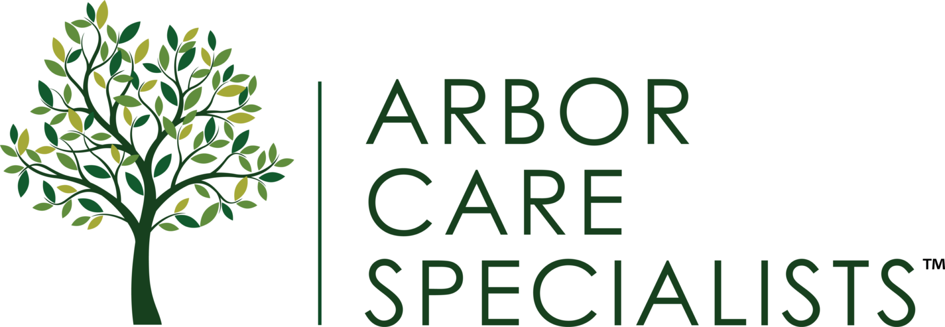 The image displays a logo for "Arbor Care Specialists" featuring a stylized tree graphic with green leaves against a dark green background.