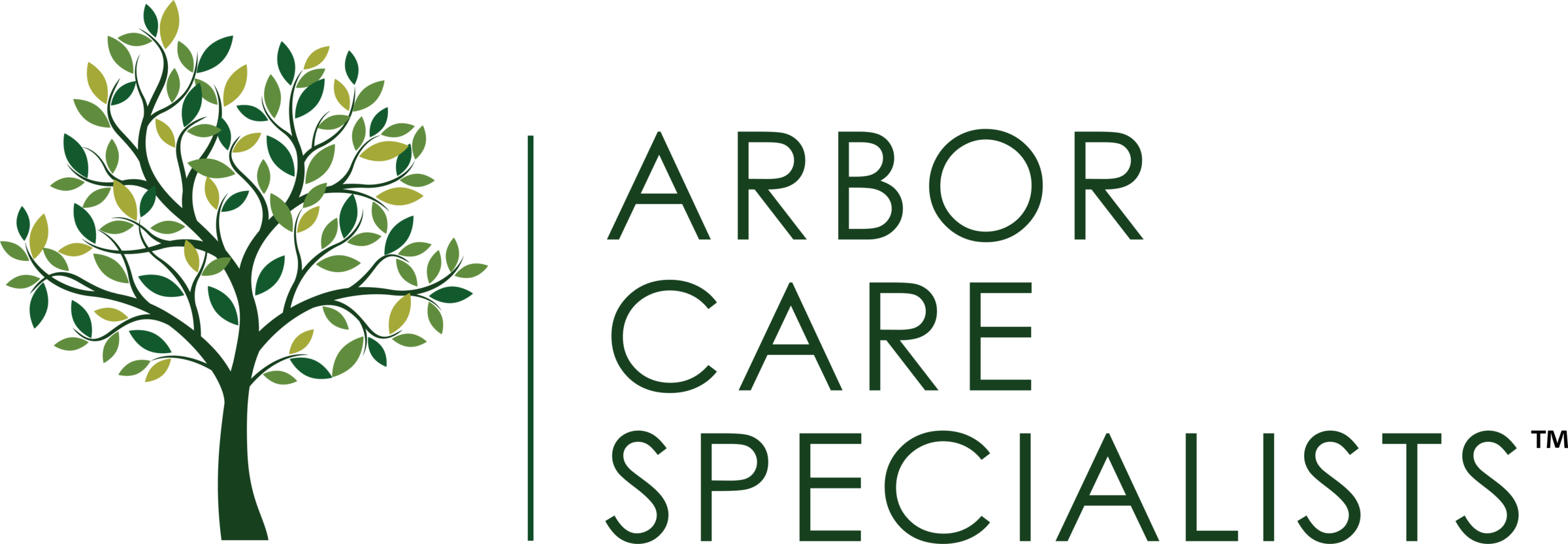 The image displays a logo for "Arbor Care Specialists" featuring a stylized tree graphic with green leaves against a dark green background.